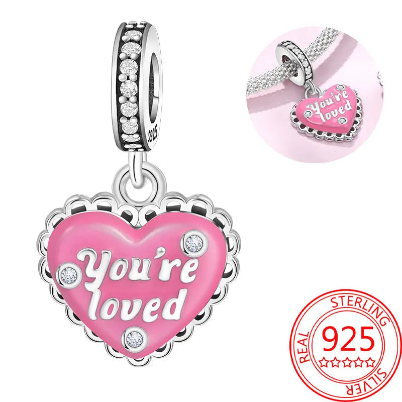 925 Sterling Silver Sparkling Pink Heart Charm Pendant Beads Fit Original Bracelet for Women Valentine Day Jewelry Gifts