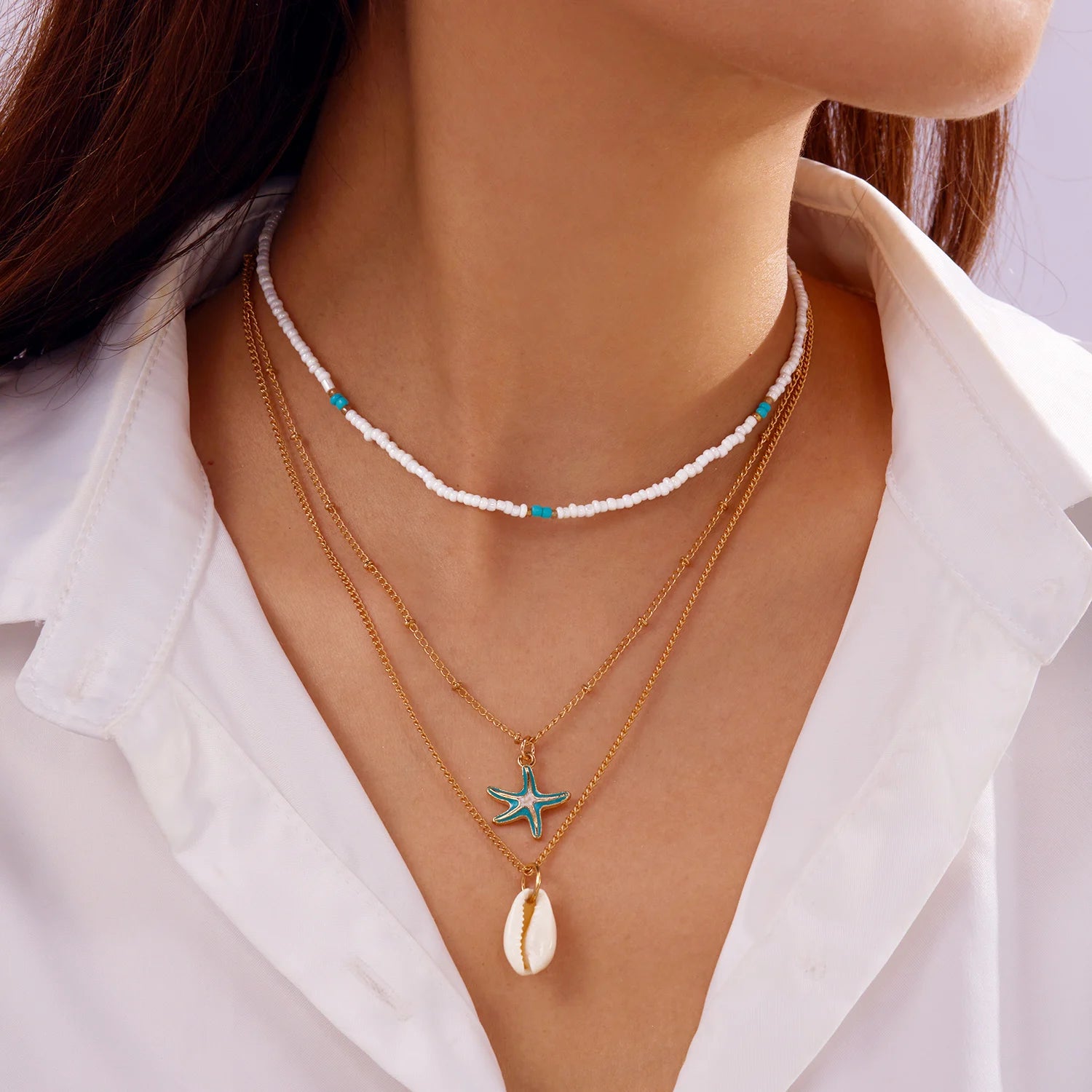 Bohemian Multilayer Starfish Sea Shell Rice Beads Necklace For Women Vintage Fishtail Pearl Conch Clavicle Choker Beach Jewelry