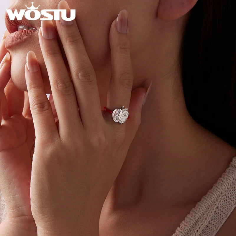 WOSTU 925 Sterling Silver Christmas Apple Open Ring Unique Adjustable Rings Xmas Gift For women