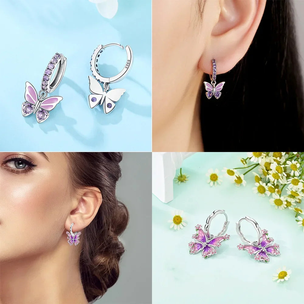 925 Sterling Silver Earrings Women Jewelry Butterfly Flower Pink Flowers Zircon Hoop Ear Studs Sparkling Earring Wedding Gift