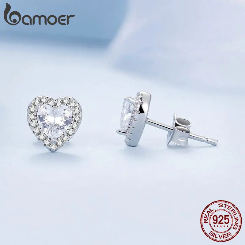 BAMOER Vergoldete Halo CZ Ohrstecker 925 Sterling Silber Hypoallergen Klassisch Elegant Herz Ohrringe Schmuck BSE894