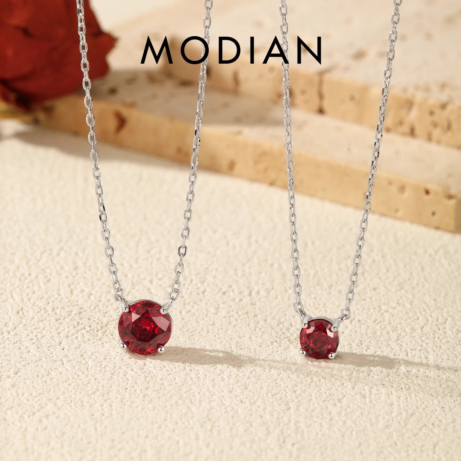 MODIAN 925 Sterling Silver Trendy Round Rose Cut Pomegranate Red Zircon Pendant Necklaces For Women Fine Jewelry