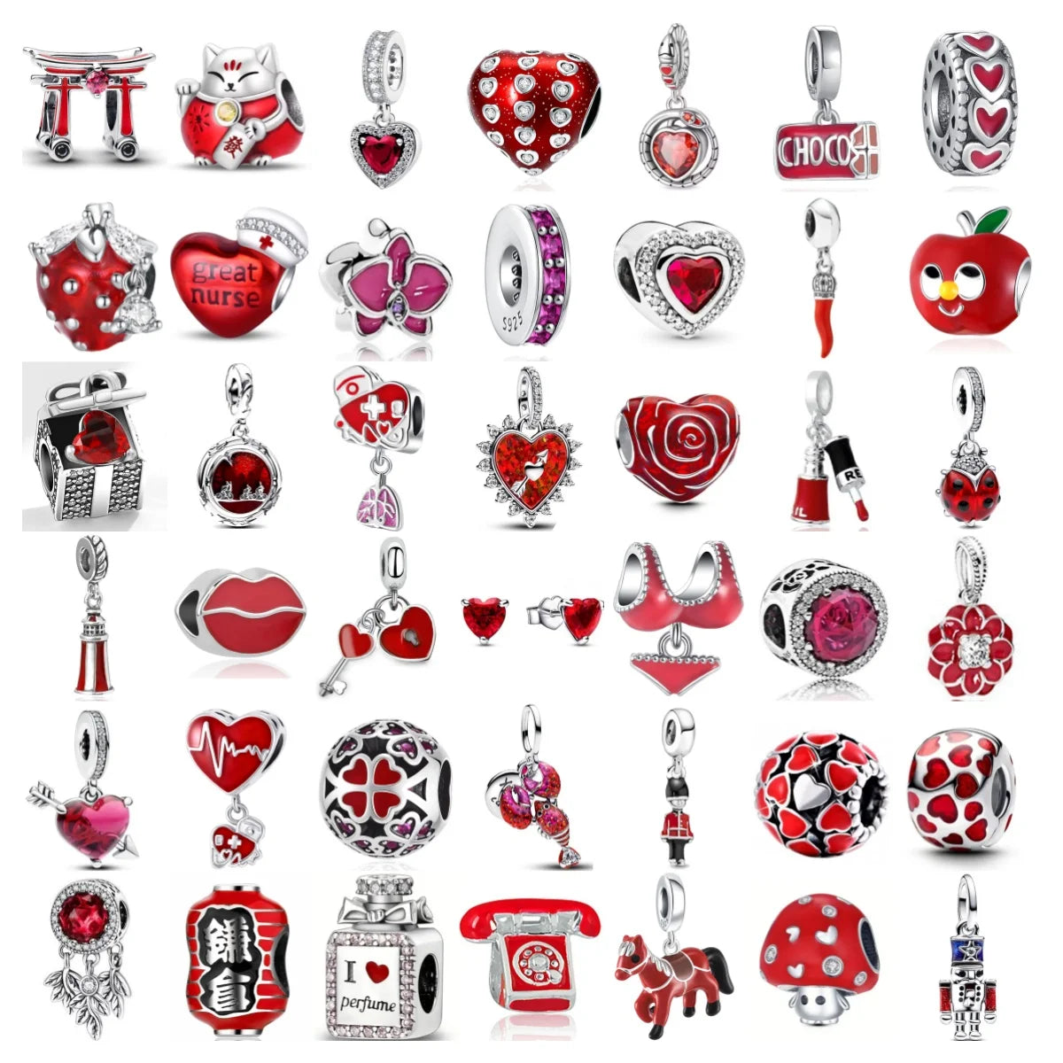 New 925 Silver Red Color Charm Strawberry Bee perfume Dream Catcher Apple Bead Fit Original Bracelet Jewellery Gift red heart