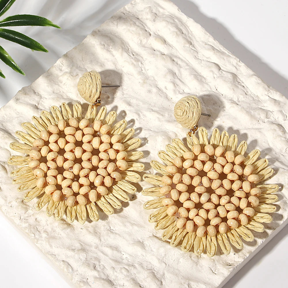 AENSOA Bohemian Raffia Wood Beaded Flower Drop Earrings for Women Handmade Rattan Knit Floral Earrings Summer Beach Jewelry