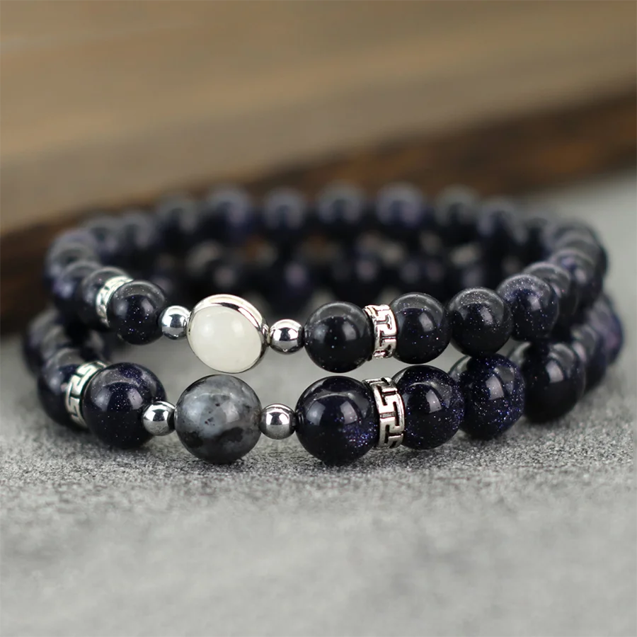 Romantic 2Pcs/Pair Couple Bracelet 8mm 10mm Beads Strand Braslet Valentine Day Gift Obsidian Blue Sandstone Matching Braclet
