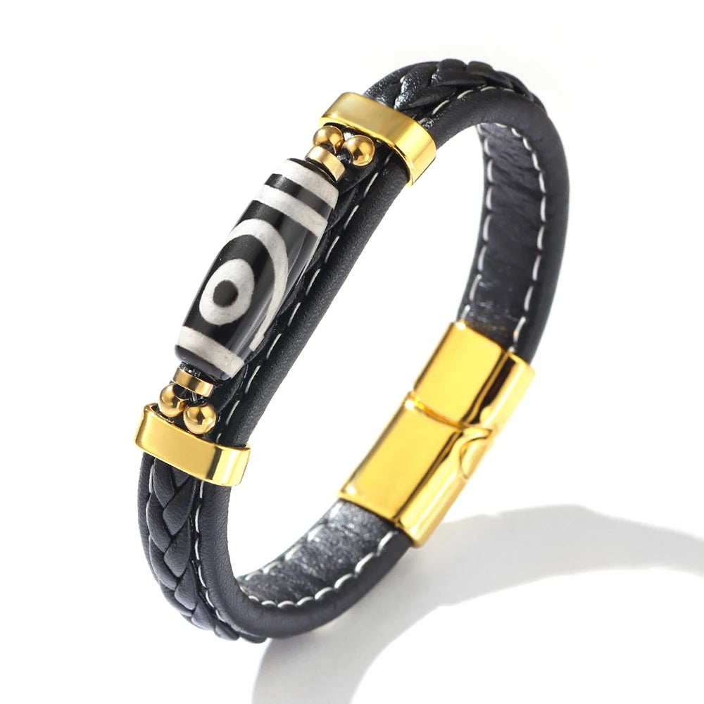 MKENDN Charm Herrenarmband, tibetischer Buddhismus, neunäugiges Dzi-Perlenarmband, Lederarmband, Edelstahl-Accessoires, Glücksarmband