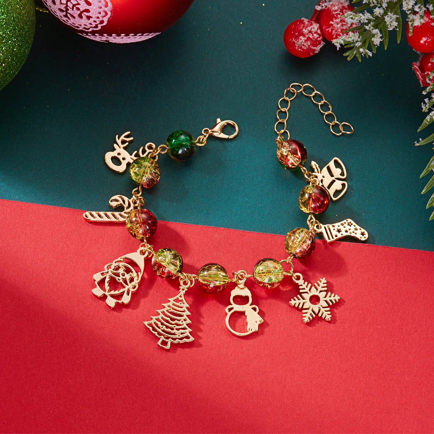 Christmas Colorful Crystal Beads Multi Element Pendant Bracelets for Women Santa Claus Snowflake Tree Elk Bracelet Party Jewelry