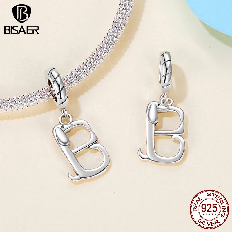 BISAER 100% 925 Sterling Silver Letter Charm Bead Cute Dachshund Dog Pendant For Women DIY Bracelet & Necklace Fine Jewelry Gift