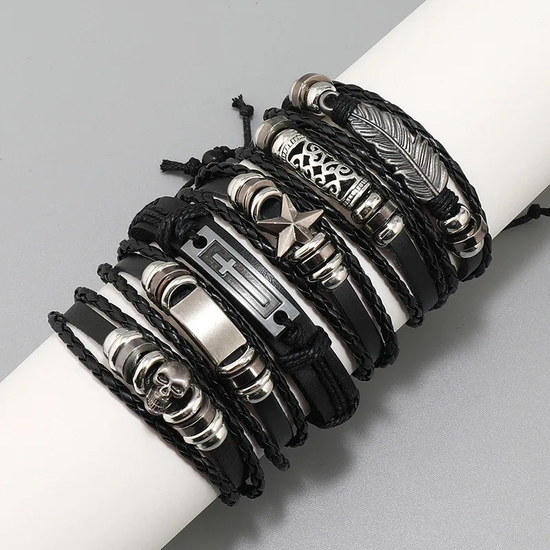 6-piece set Fashion Leather Bracelet Personalized DIY Knitted Leather Bracelet Simple Multi layered Adjustable Cowhide Bracelets