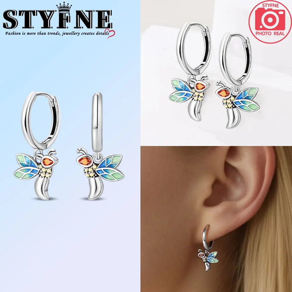 925 Sterling Silver Plants and Insects  Drops Earrings Little Green Leaves and Fireflies Earrings Suitable for Women's Jewelry
