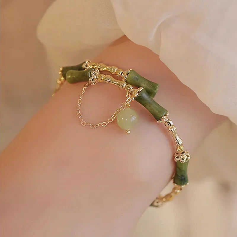 Handmade Green Bamboo Joint Beaded Bracelet for Women Leaves Tassel Flower Bracelets Bangles Girls Party Charm Jewelry Gifts