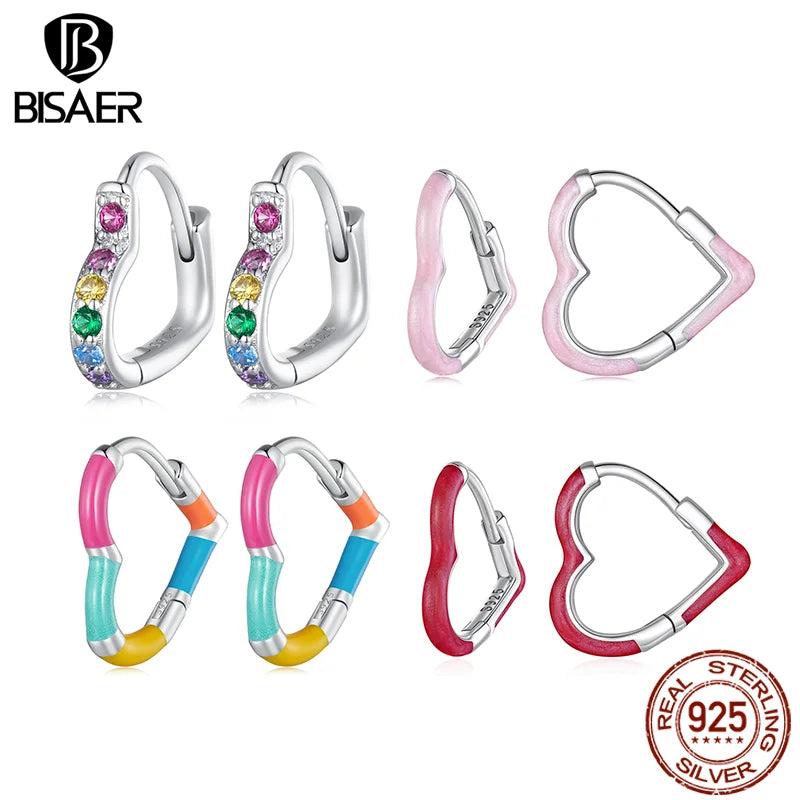 BISAER 925 Sterling Silver Dopamine Heart Hoop Earrings Minimalist Love Enamel Stud Ear for Women Original Party Fine Jewelry