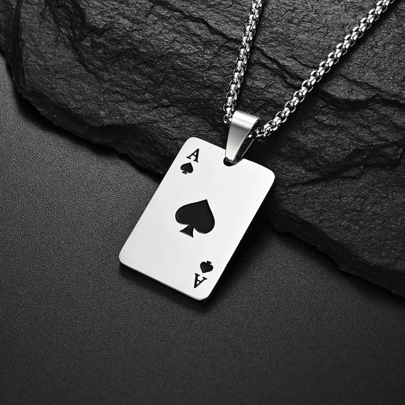 Hiphop Rock Playing Cards Necklace For Men 24Inches Stainless Steel Cuban Chain Collar Locomotive Cool Riding Neck Accessories