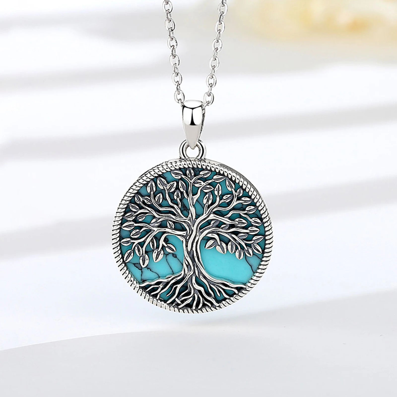Eudora 925 Sterling Silver Tree of Life Necklace Yggdrasil Turquoise Pendant Silver Tree Jewelry Gift for Mom Grandma Women