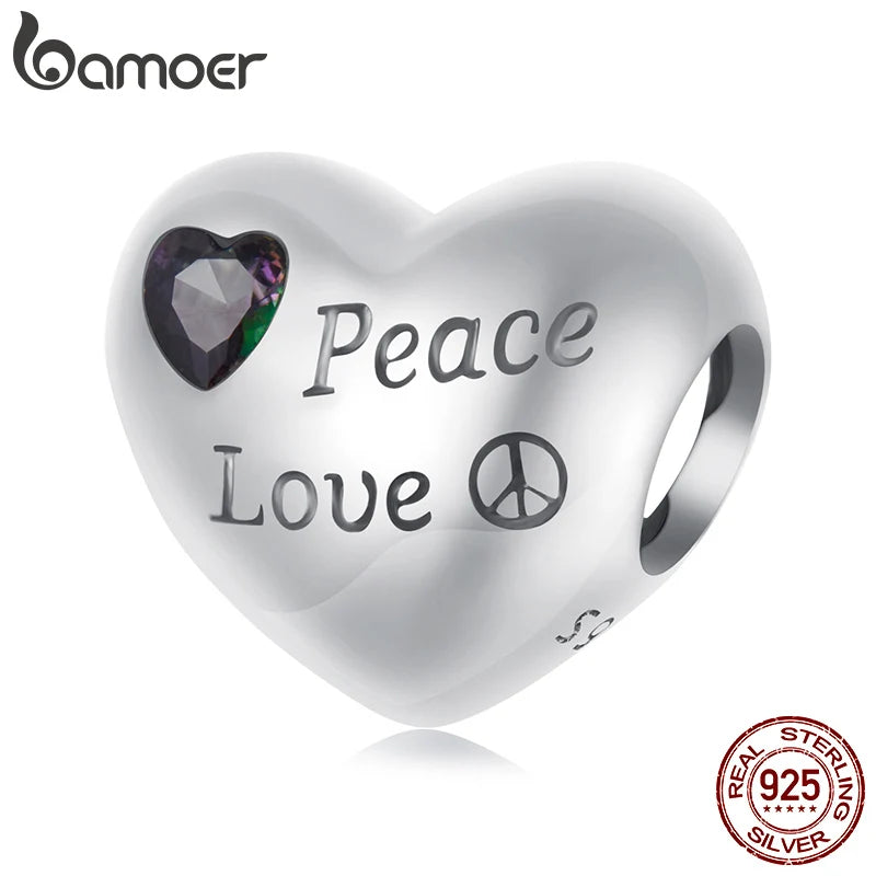 BAMOER 925 Sterling Silber Herzförmiger Peace and Love Charm Bead passend für Original-Armband DIY Bamoer Charm zur Schmuckherstellung