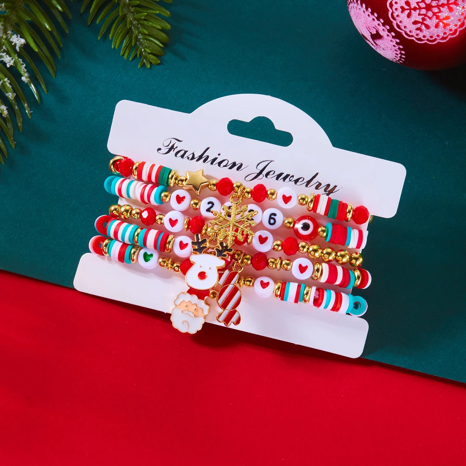 4Pcs/Set Christmas Tree Santa Claus Bracelet For Women Xmas Deer Snowflake Pearl Polymer Clay Beads Bracelets New Year Jewelry