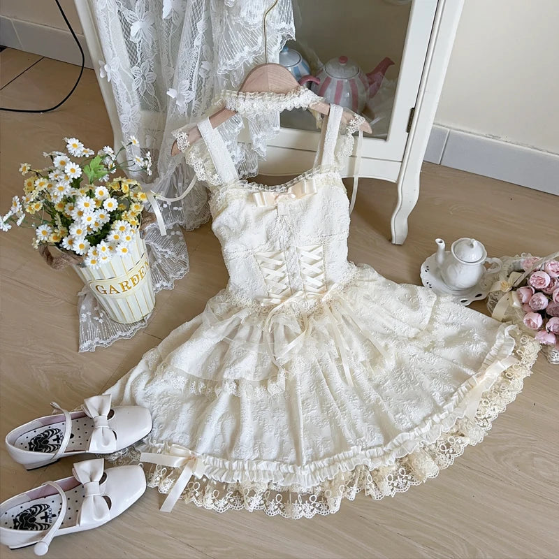 Japanese Sweet Lolita Jsk Dress Women Elegant Ruffles Lace Bandage Princess Strap Dresses Girls Y2k Kawaii Tea Party Mini Dress