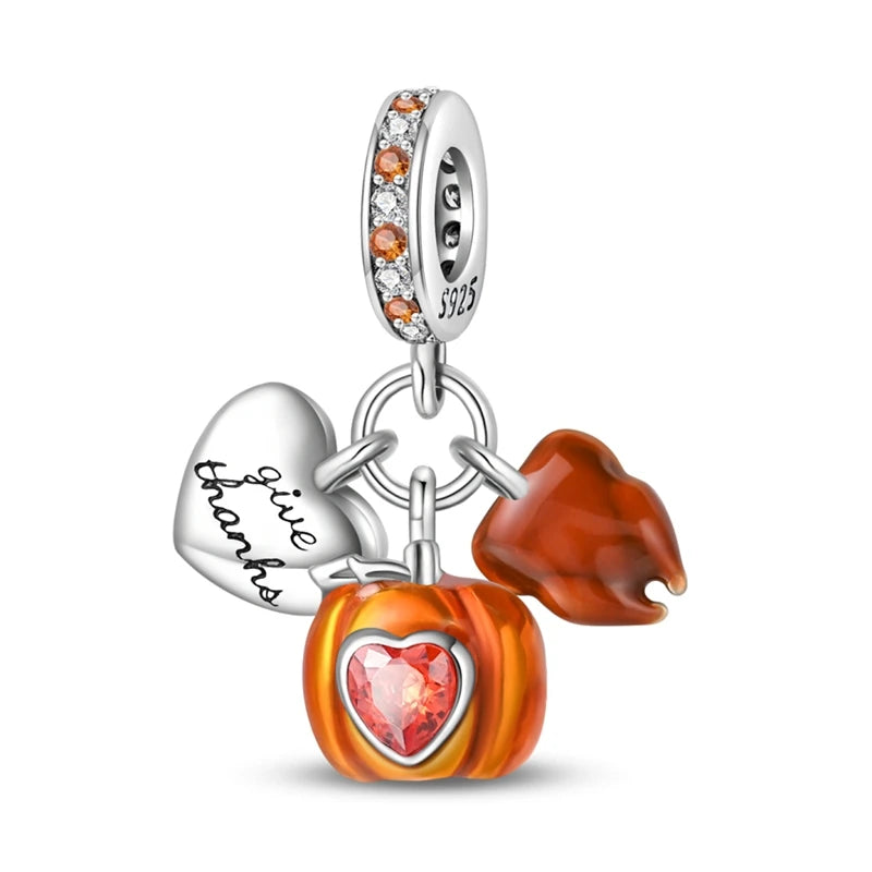 New 925 Sterling Silver Charm Beads Pendant Pumpkin Maple Leaf Autumn Series Charms Fit Original Bracelets Fine Jewelry