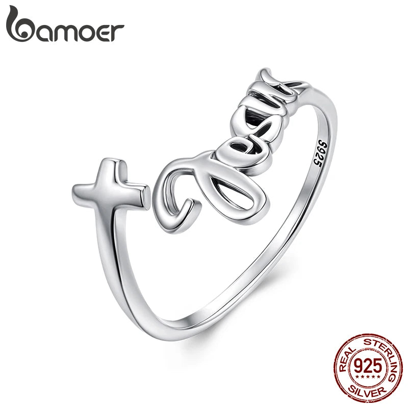 BAMOER 2025 Solid 925 Sterling Silver Cross Ring, Faithful Jesus Cross Fashion Adjustable Band Ring for Women SCR1123-E
