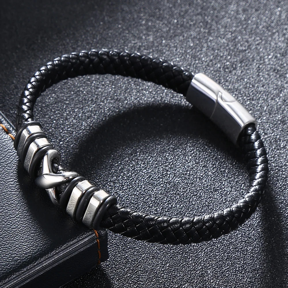 MKENDN Classic Simple X Black Braided Leather Bracelet Bangle Stainless Steel Magnetic Buckle Jewelry For Men Women Couple Gifts
