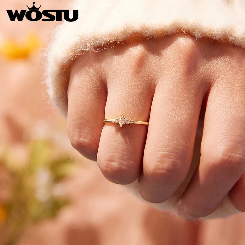 WOSTU 925 Sterling Silver Marquise Round Mini Cubic Zirconia Stackable Rings Plated gold for Women Anniversary Fine Jewelry Gift