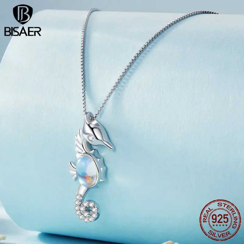 BISAER 925 Sterling Silver Seahorse Necklace Pendant Moonstone Adjustable Chain Plated Platinum Women Party Fine Jewelry EFN332