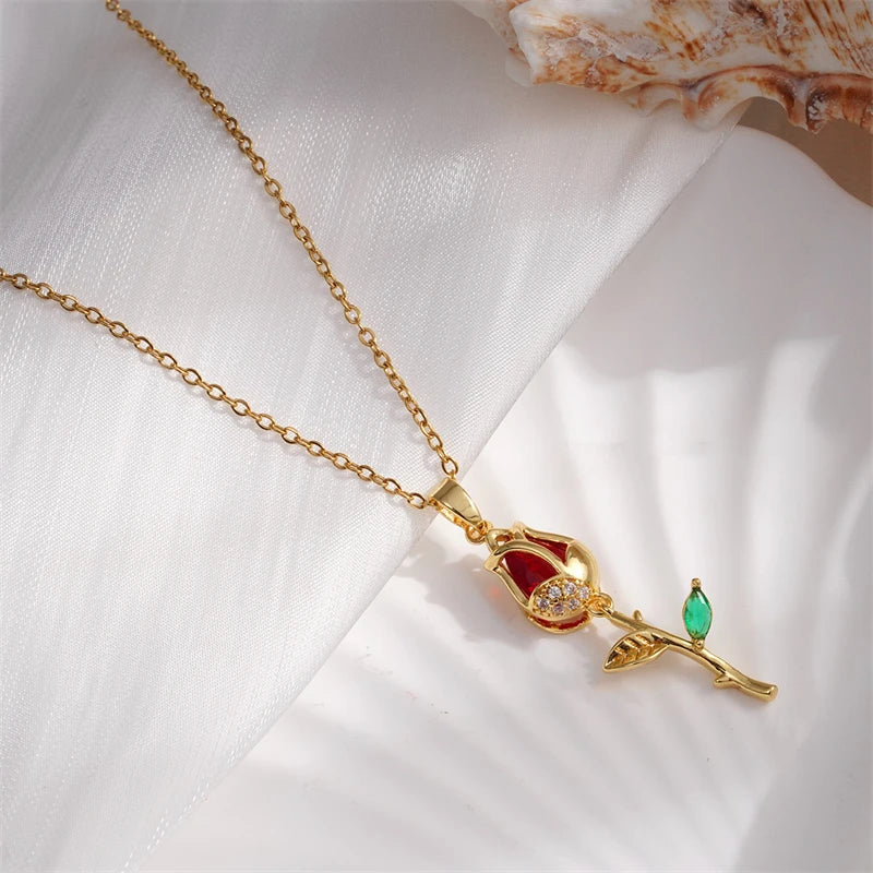 Stainless Steel Colorful Zircon Tulip Pendant Necklace for Women Girls Shiny Crystal Romantic Flower Choker Party Luxury Jewelry