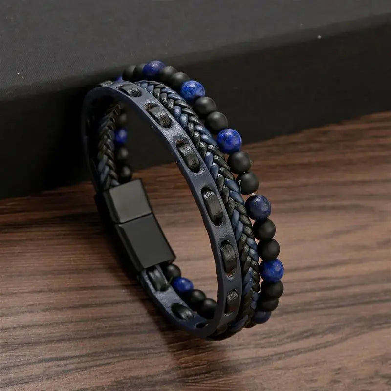 2023 New Men Bracelet Multilayer Leather Bracelet with Natural Stone Beads Punk Jewelry Stainless Steel Magnetic Clasp Bangles