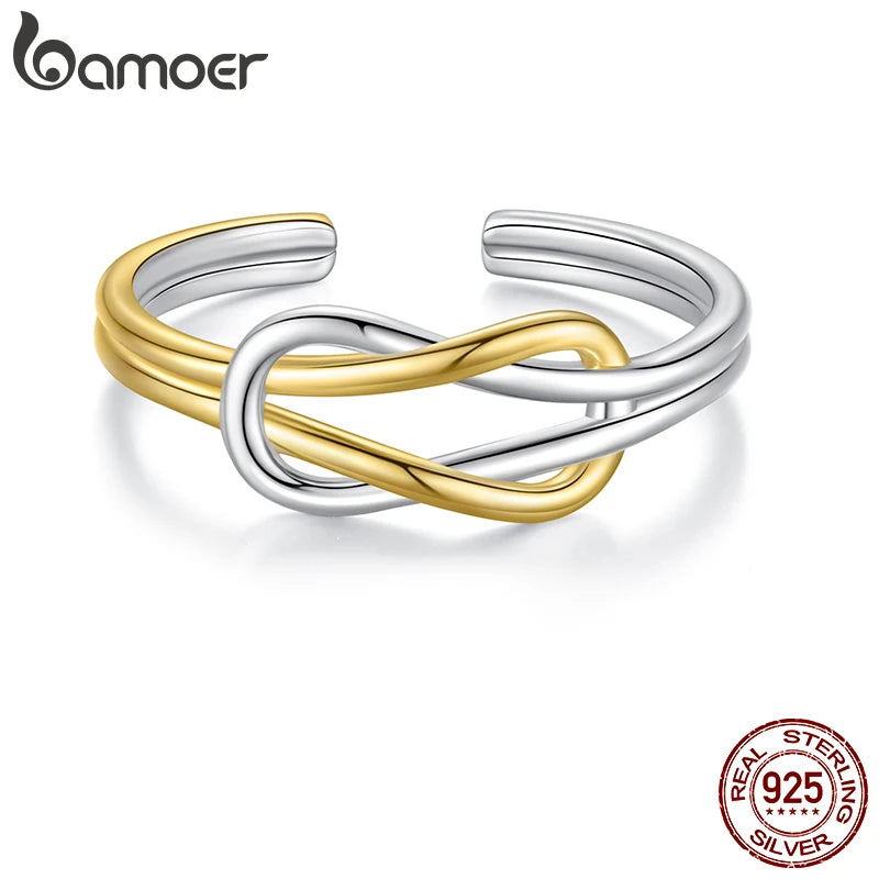 BAMOER 925 Sterling Silver Two-tones Cross Open Ring, Sleek Polished Double Knots Ring for Women Teen Girls Bold Party Gift