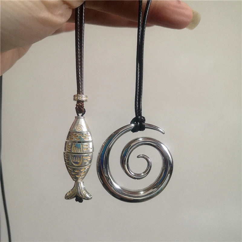 Vintage Fish Spiral Vortex Pendant Long Adjustable Leather Cord Necklace For Women Men Unisex Boho Charm 2026 New Trendy Jewelry