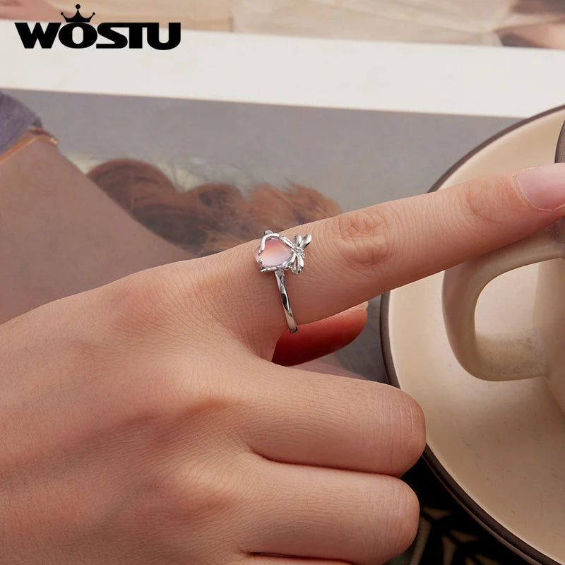 WOSTU 925 Sterling Silver Pink Crystal Bow Open Ring For Women Handme butterfly Adjustable ring Party Gift Girl Birthday Gift