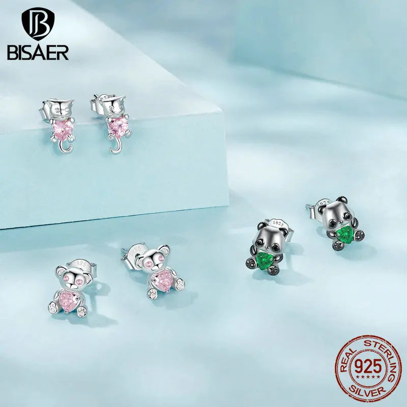 BISAER Real 925 Sterling Silver Mini Kitty Stud Earrings Fox Koala Panda Bear Animals Stud Ear For Girls Party Fine Jewelry Gift