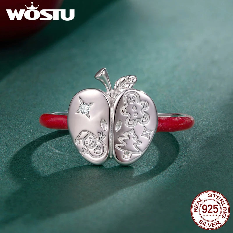 WOSTU 925 Sterling Silver Christmas Apple Open Ring Unique Adjustable Rings Xmas Gift For women