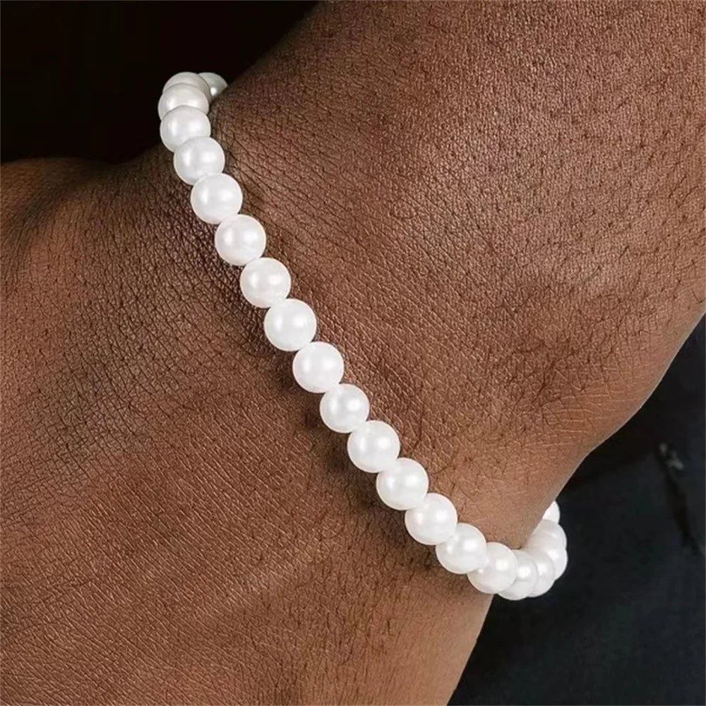 Simple Retro Imitation Pearls Bracelet For Women Stretch Acrylic Bead Men Bracelet Fashion Party Jewelry Pearl Wristband Gift
