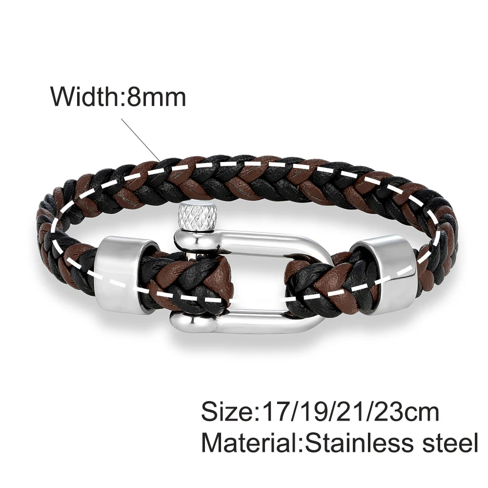 MKENDN Punk Men Braided Black Coffee Leather Bracelet Stainless Steel Shackle Buckle Bracelet Gifts Homme Pulsera
