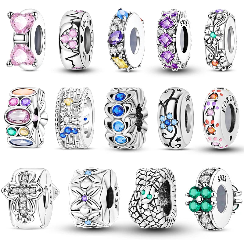 Charms 100% 925 Sterling Silver Flowers Colorful Zircon Silicone Spacer Beads Fit 3mm 925 Original Bracelets Fine DIY Jewelry