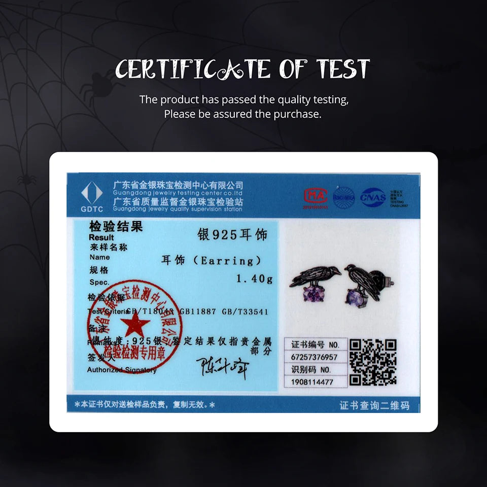 BAMOER 925 Sterling Silver Black Enamel Ghost Stud Earrings for Halloween Gift, Punk Style Purple Zircons Crow Piercing Earrings