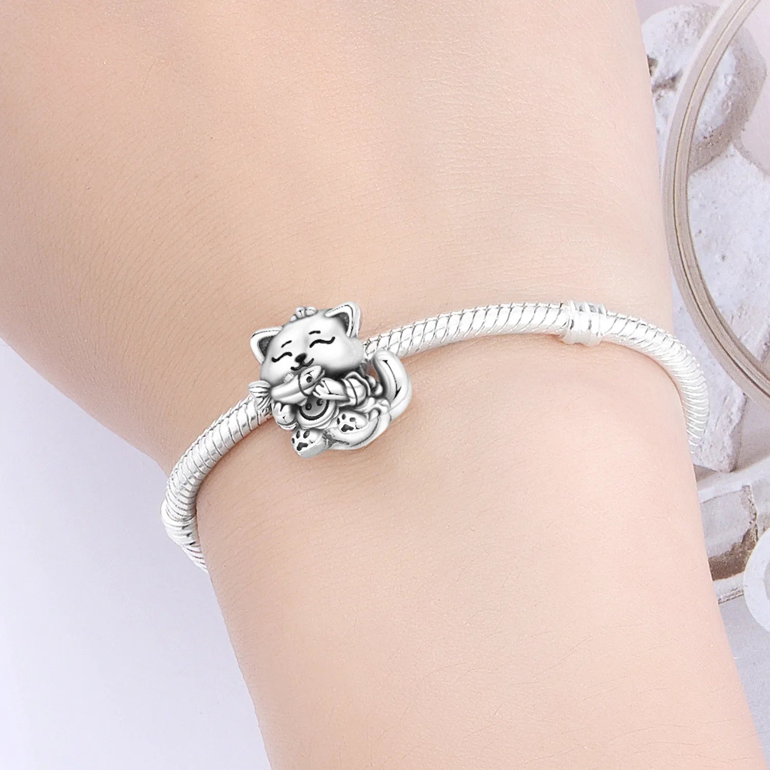 PANPOKI 925 Sterling Silver Fish Eating Cats Animals Pet Beads Original Pendants Bracelet Charm Jewelry Party DIY Trendy Gifts
