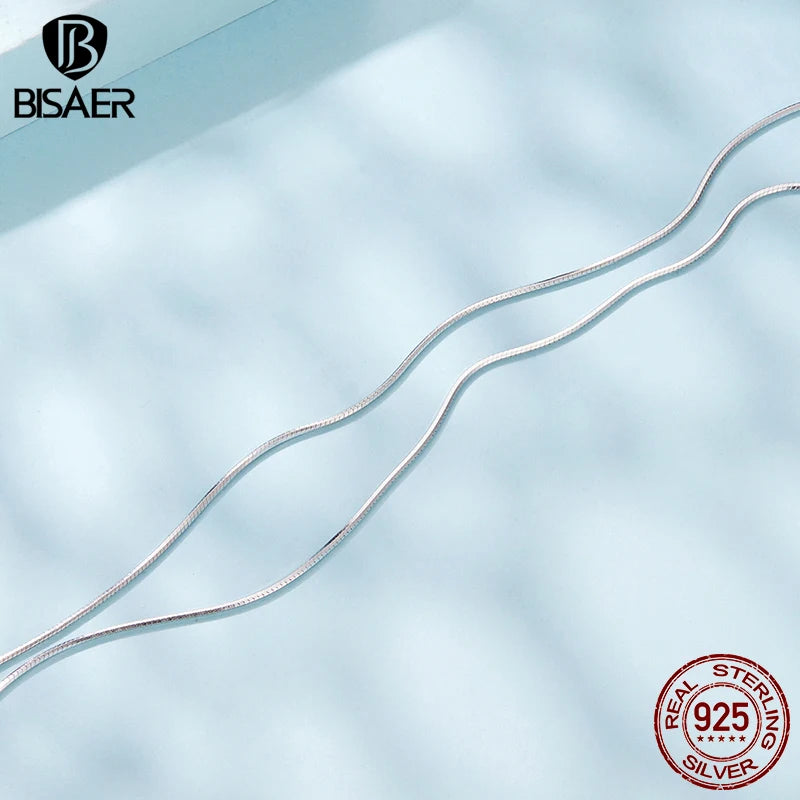 BISAER 100% 925 Sterling Silver Snake Basic Necklace Stacking Chain Plated White Gold for Women Party Fine Jewelry ECA032