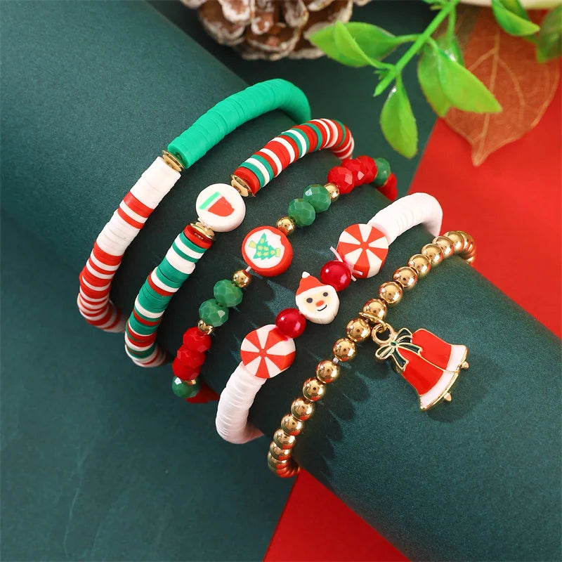 2-5 pcs Cute Christmas Series Bracelet Set For Women Men Santa Claus Snowman Snowflake Pendant Beads Bracelets Party Jewelry
