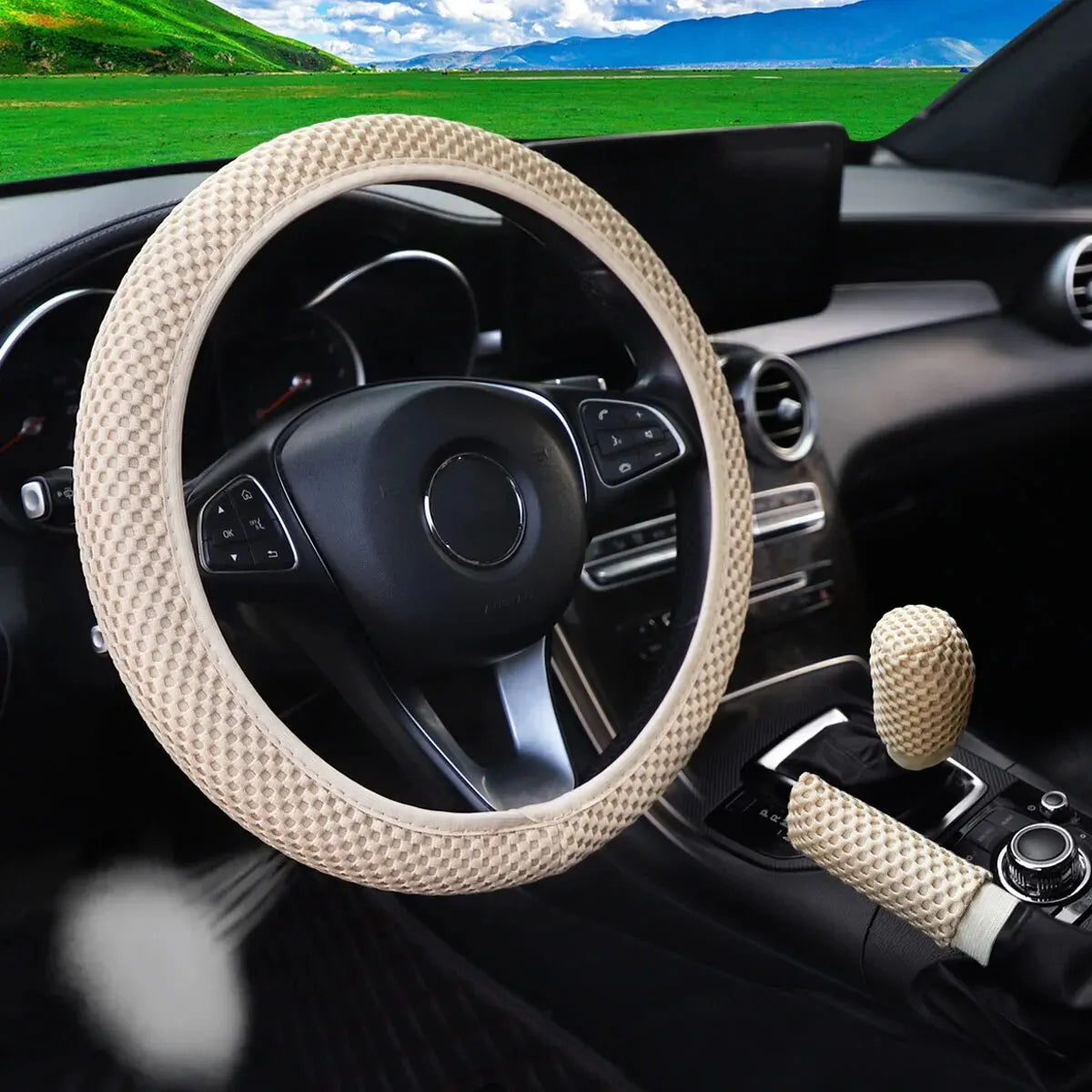 3-piece Massage Mesh Cloth Breathable Car without Inner Ring Steering Wheel Cover Handbrake Cover Handle Cover 14.5-15INCH - Madeinsea©