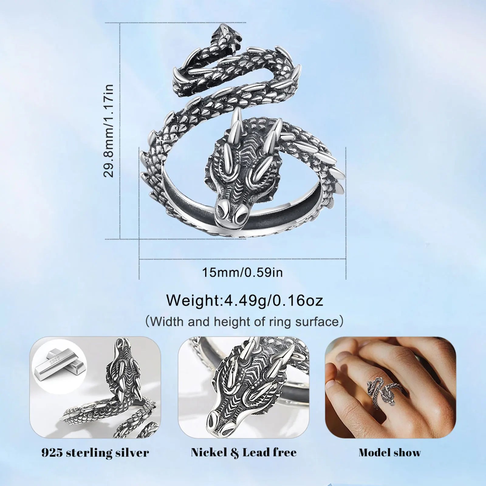 Bague ajustable Eudora en argent sterling 925 avec dragon pour homme et femme, style vintage gothique, serpent, dragon, bijoux, cadeau de fête