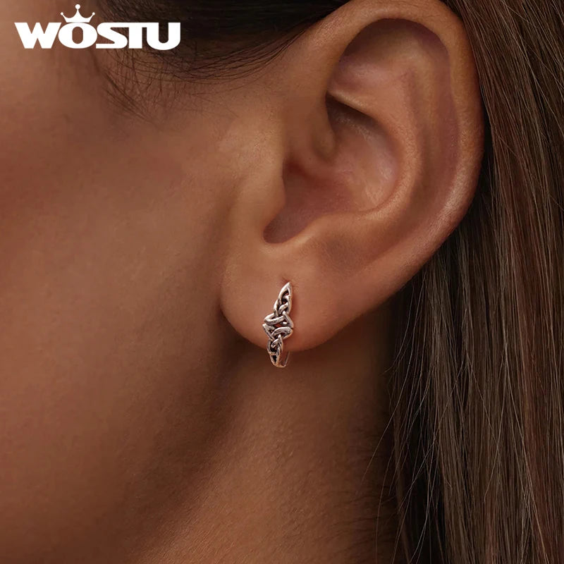 WOSTU 925 Sterling Silver Celtic Knot Huggies Hoop earrings For Women , s925 Retro style Party Ear Cuffs Fine jewelry Gift