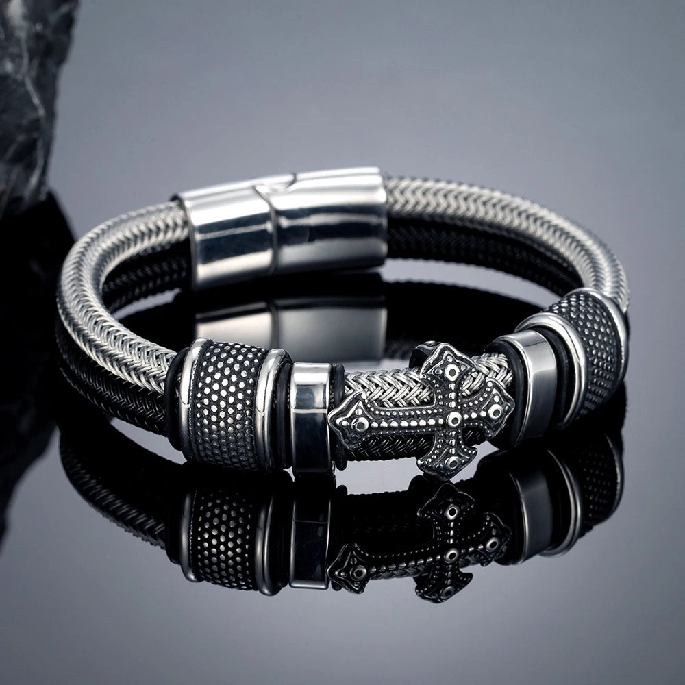 MKENDN Punk Rock Cross Double-layer Braid Steel Wore Rope Bracelet Classic Stainless Steel Bangles For Men Friend Gift