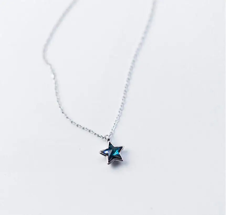 100% 925 Solid Sterling Silver Necklace Women Girl Sweet Star Blue CZ 40cm Short Clavicle Necklace For Teen Jewelry DS981