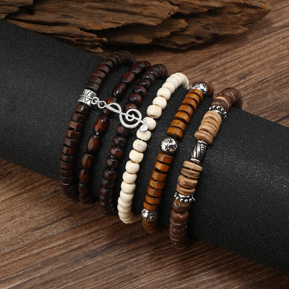 4Pcs/ Set Braided Wrap Leather Bracelets for Men Vintage Life Tree Rudder Charm Wood Beads Ethnic Tribal Wristband Rope Bracelet