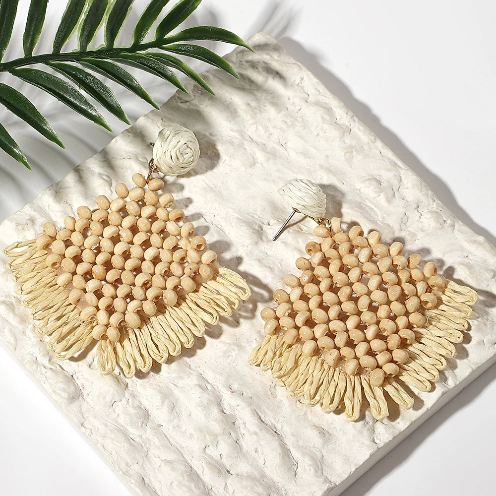 AENSOA Handmade Woven Rattan Knit Raffia Wooden Drop Earrings for Women Bohemian Circular Fan Shaped Statement Earrings Jewelry