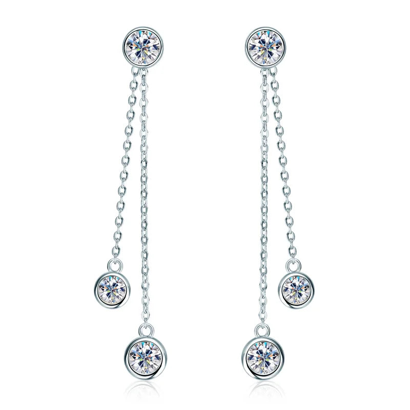 OXTAO Long Tassel Double Chain Earrings 925 Sterling Silver Round Cut Bezel Set D Color Moissanite Drop Earrings Jewelry Gift