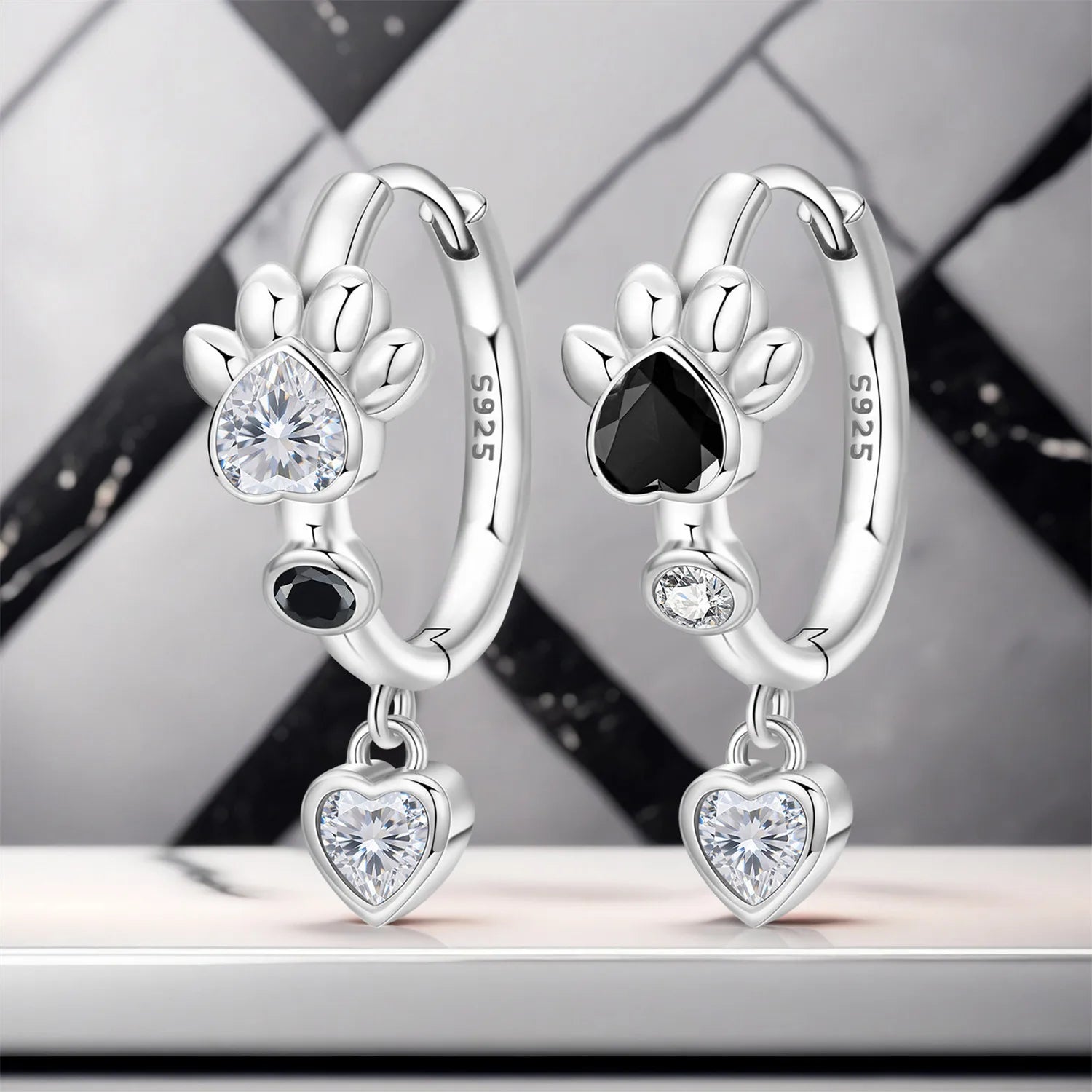 PANPOKI 925 Sterling Silver Black White Paw Print Love Heart Drop Earrings Women Earrings Charm Versatile Party Jewelry Gifts