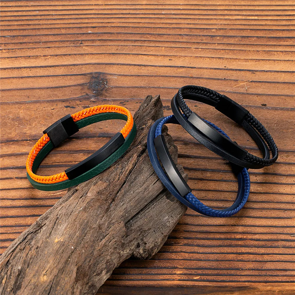 MKENDN Men Women Punk SOS Custom logo Name Engrave Text Adjustable Leather Bracelet customize Stainless Steel ID Bracelet - Madeinsea©